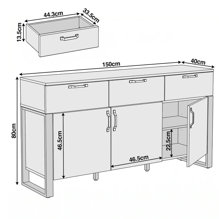 [Grey] Ironmere sideboard dimensions: 150 x 40 x 80cm, drawer shown as 44.3 x 33.5 x 13.5cm