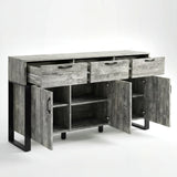 [Grey] Ironmere sideboard front view with three drawers pulled out and lower cupboard doors open