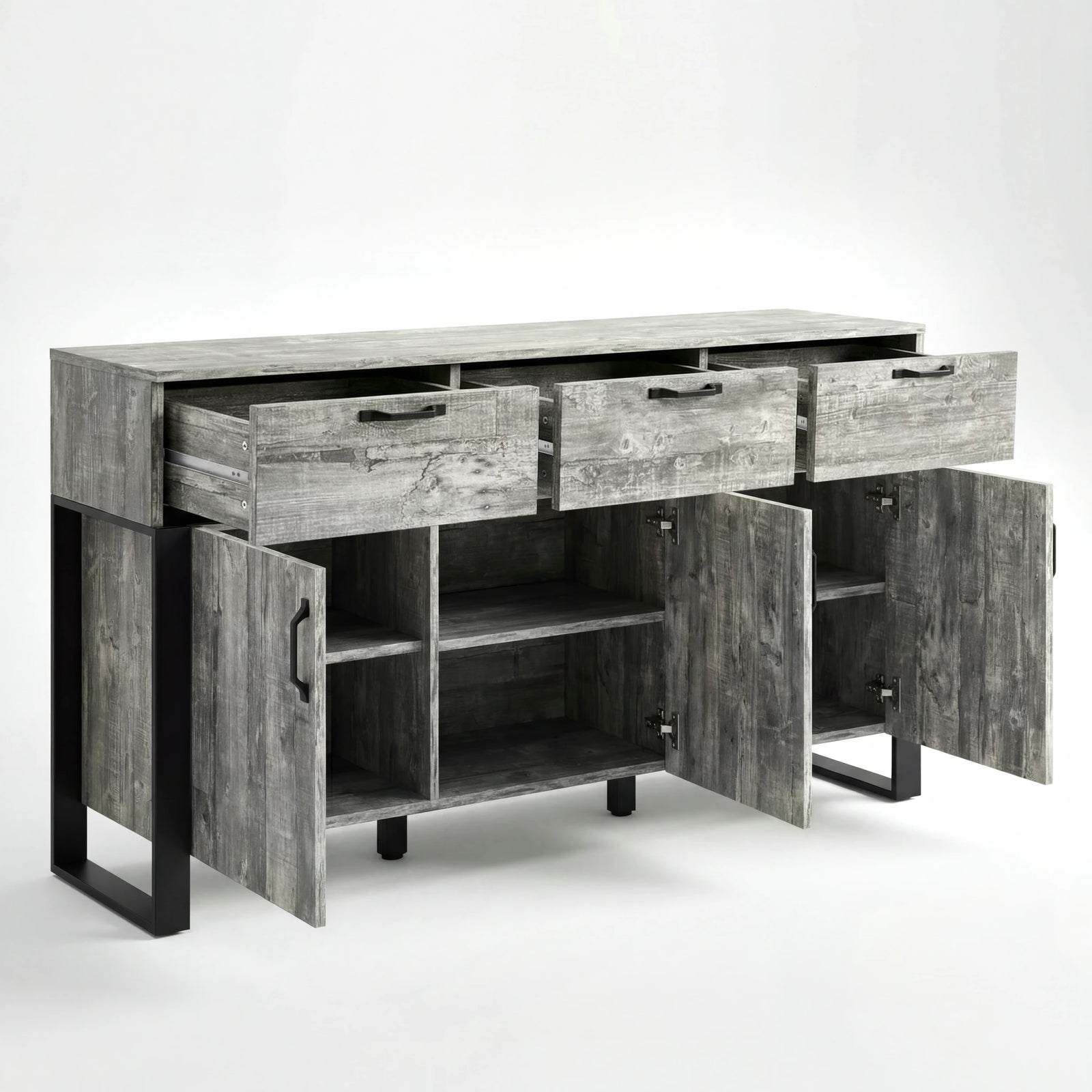[Grey] Ironmere sideboard front view with three drawers pulled out and lower cupboard doors open