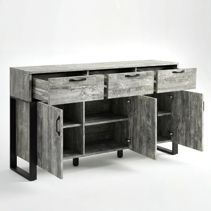 [Grey] Ironmere sideboard front view with three drawers pulled out and lower cupboard doors open
