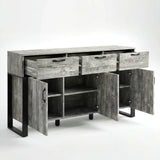 [Grey] Ironmere sideboard front view with three drawers pulled out and lower cupboard doors open