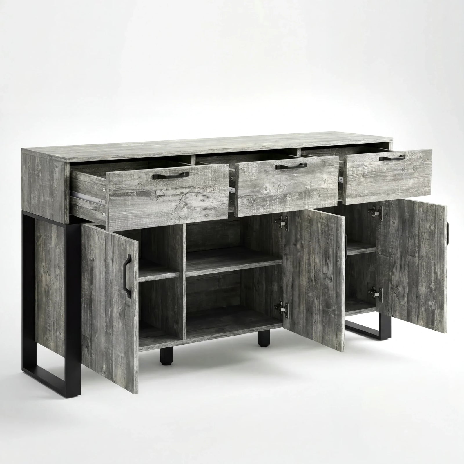 [Grey] Ironmere sideboard front view with three drawers pulled out and lower cupboard doors open
