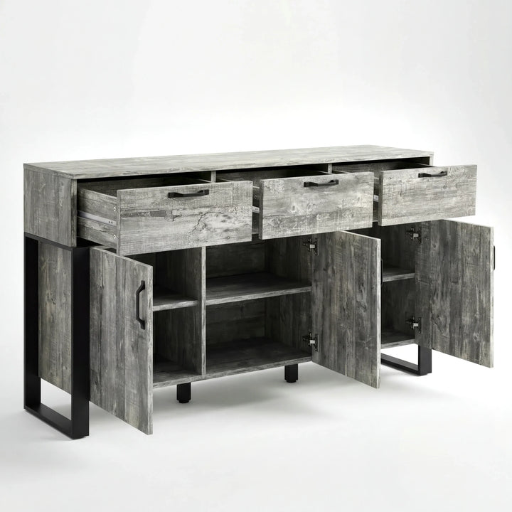 [Grey] Ironmere sideboard front view with three drawers pulled out and lower cupboard doors open