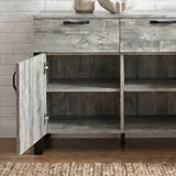 [Grey] Ironmere sideboard close view of one open door with two empty shelf levels inside
