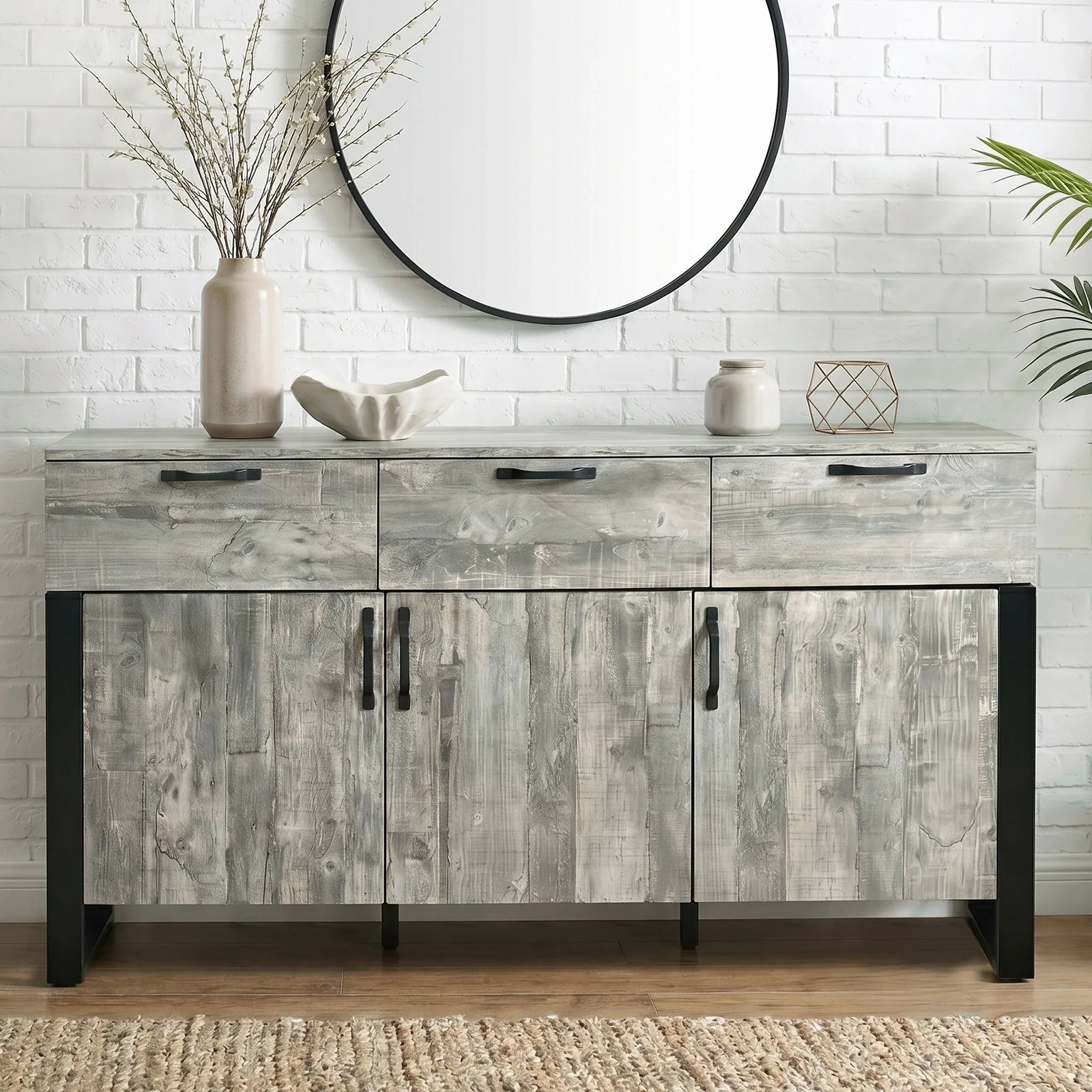 [Grey] Ironmere sideboard front-on view showing three drawers above three lower cabinet doors
