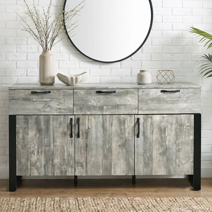 [Grey] Ironmere sideboard front-on view showing three drawers above three lower cabinet doors