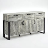 [Grey] Ironmere sideboard on white background with three drawers, three doors, and black metal legs