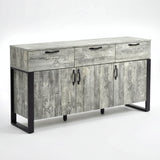 [Grey] Ironmere sideboard on white background with three drawers, three doors, and black metal legs