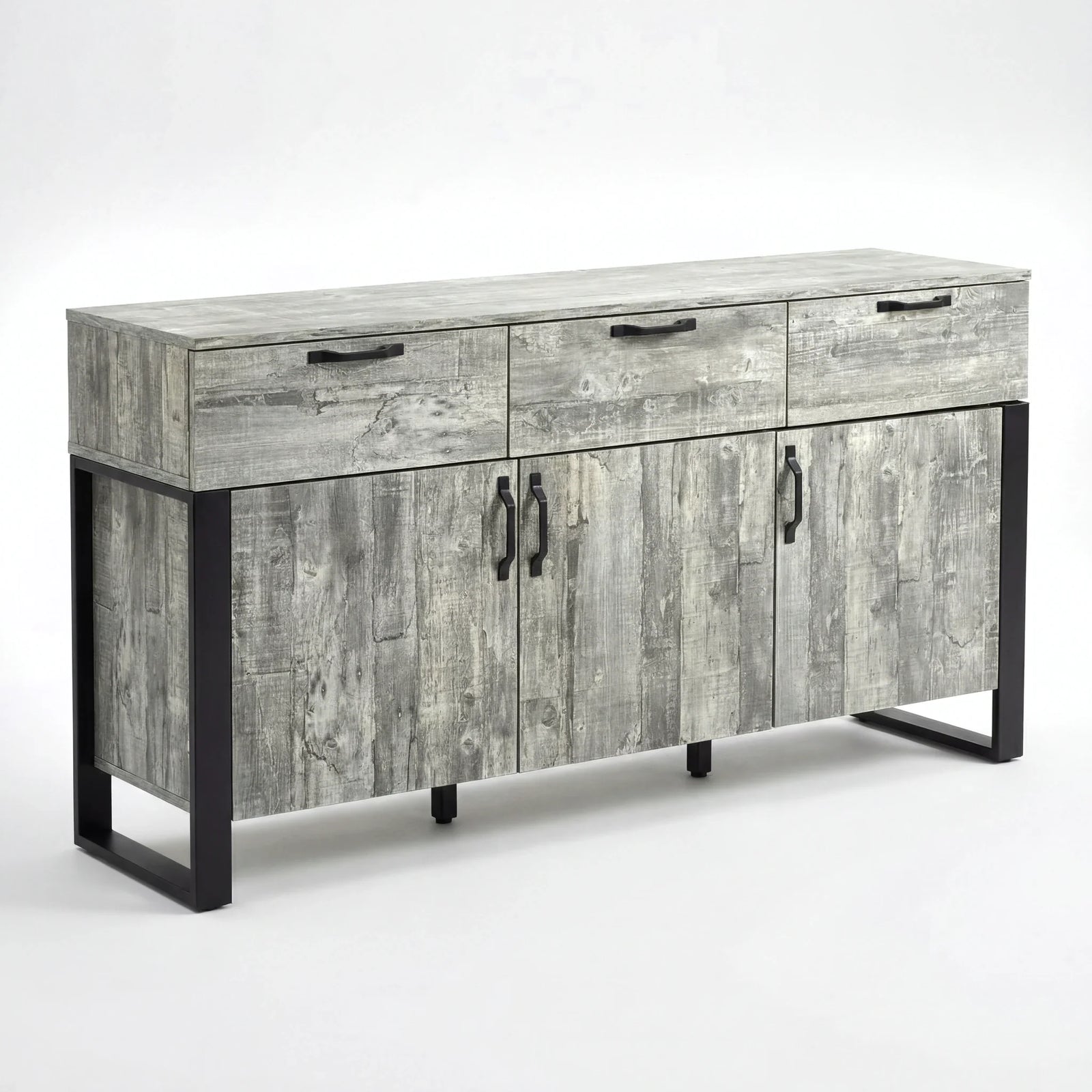 [Grey] Ironmere sideboard on white background with three drawers, three doors, and black metal legs