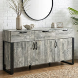 [Grey] Ironmere sideboard front view with three drawers, three lower doors, black handles, and mirror above