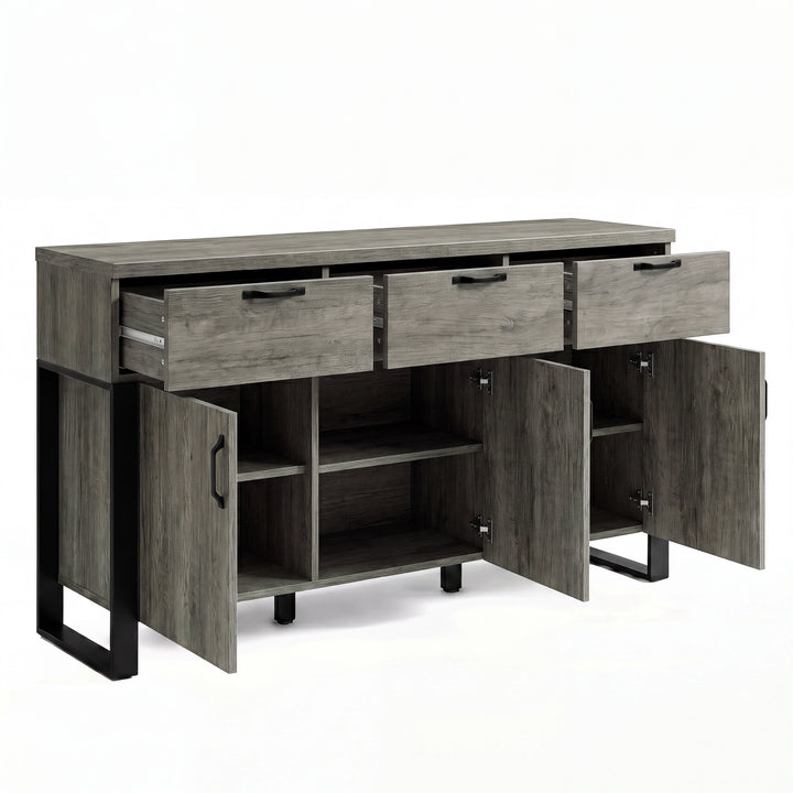 [Wooden Grey] Ironmere 3 door sideboard with three drawers and lower cupboard doors open