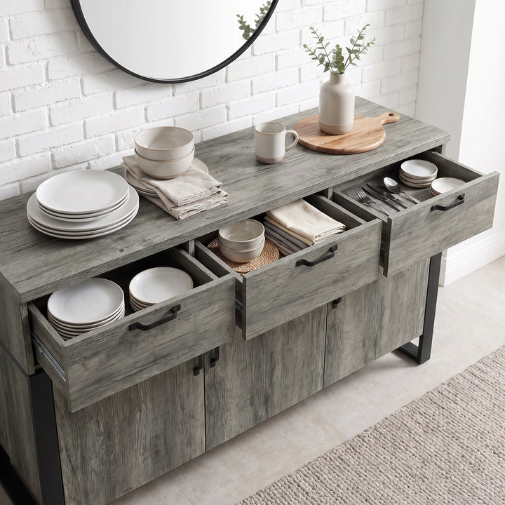 [Wooden Grey] Ironmere sideboard drawers open to show plates, bowls, cups and tableware storage