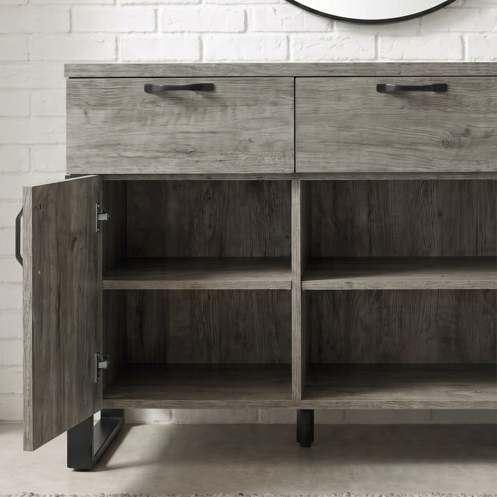 [Wooden Grey] Ironmere 3 door sideboard open to show lower cupboard shelves and dividers