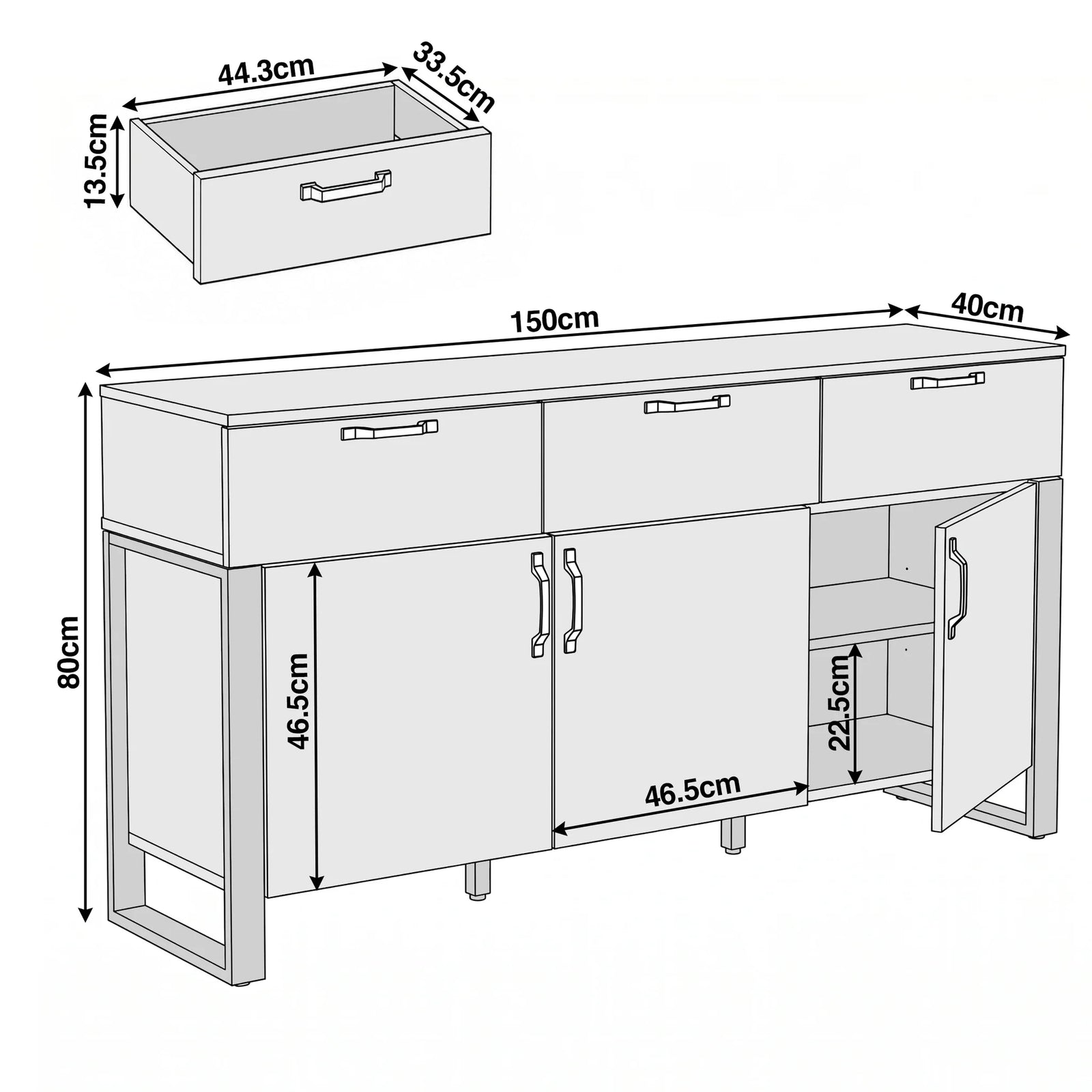 [Mango Wood Effect] Ironmere dimensions diagram showing 150cm width, 40cm depth, 80cm height, and drawer sizing