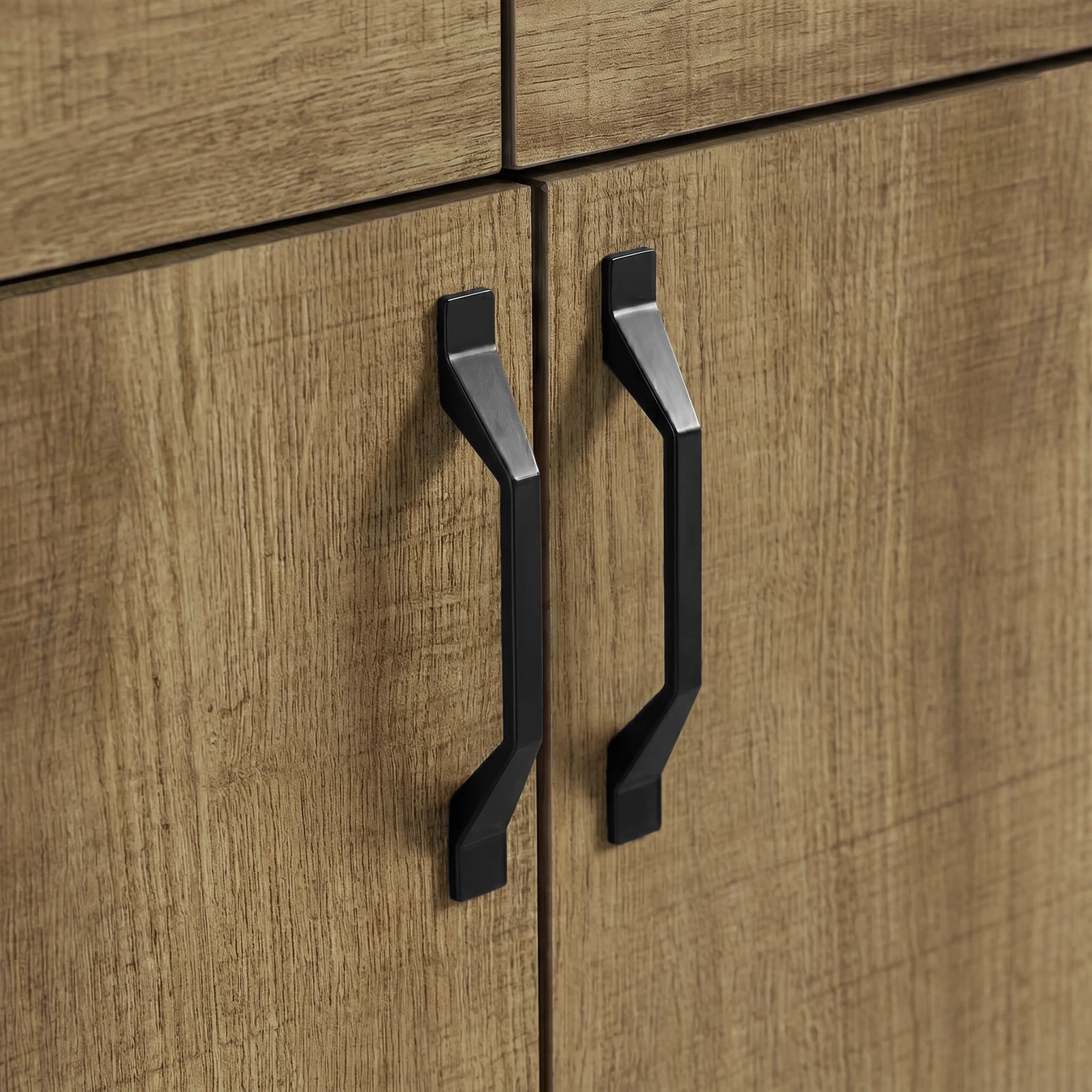 [Oak Effect] Ironmere sideboard close view of black metal door handles fixed to the lower front panels