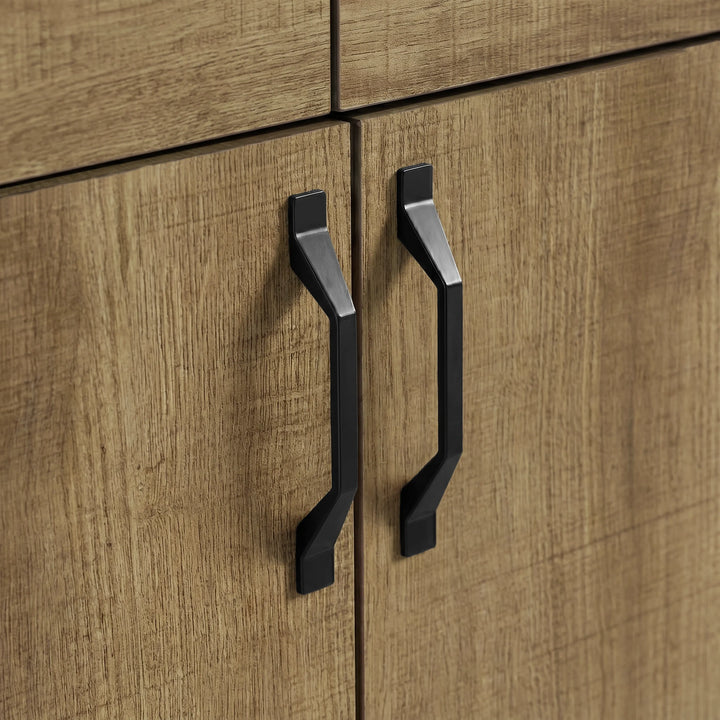 [Oak Effect] Ironmere sideboard close view of black metal door handles fixed to the lower front panels