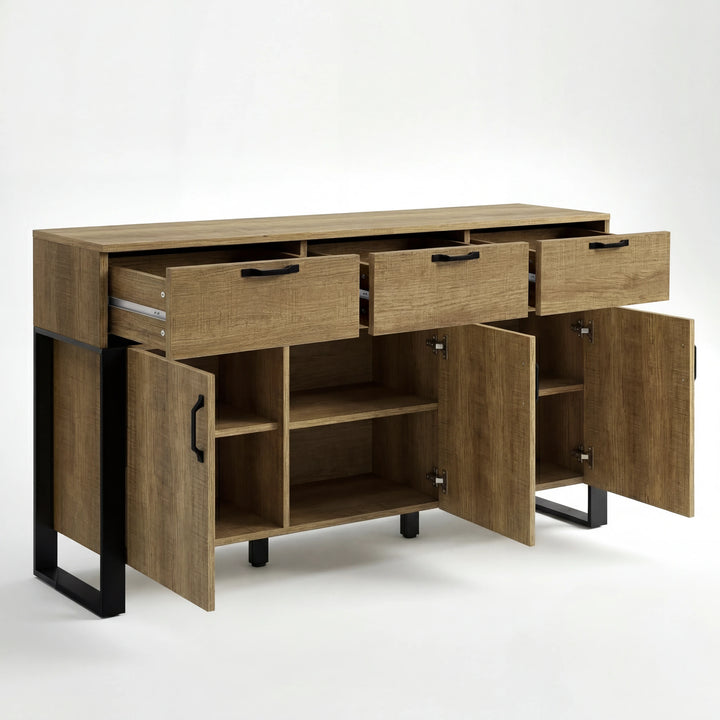 [Oak Effect] Ironmere sideboard open storage view with three upper drawers extended above cupboards
