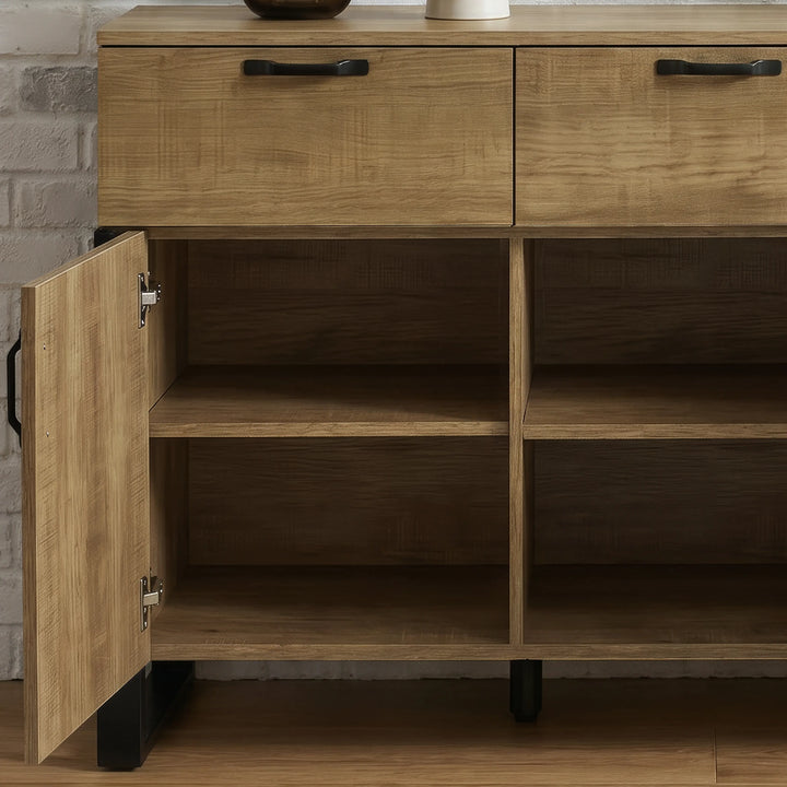 [Oak Effect] Ironmere sideboard open cabinet detail with centre divider and empty storage shelves