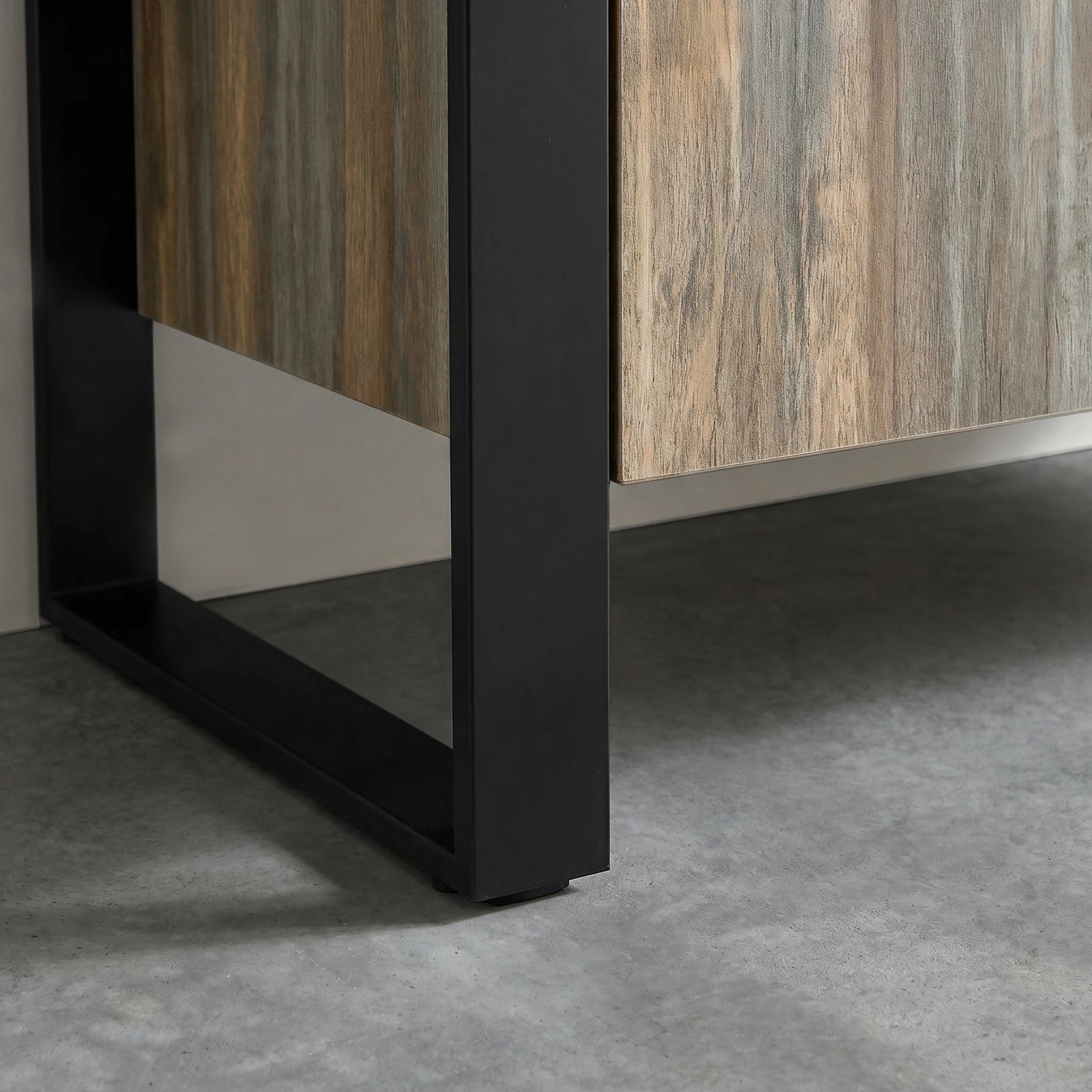 [Smokey Oak] Ironmere sideboard finish swatch close-up of thick iron leg and showing grain pattern across the surface