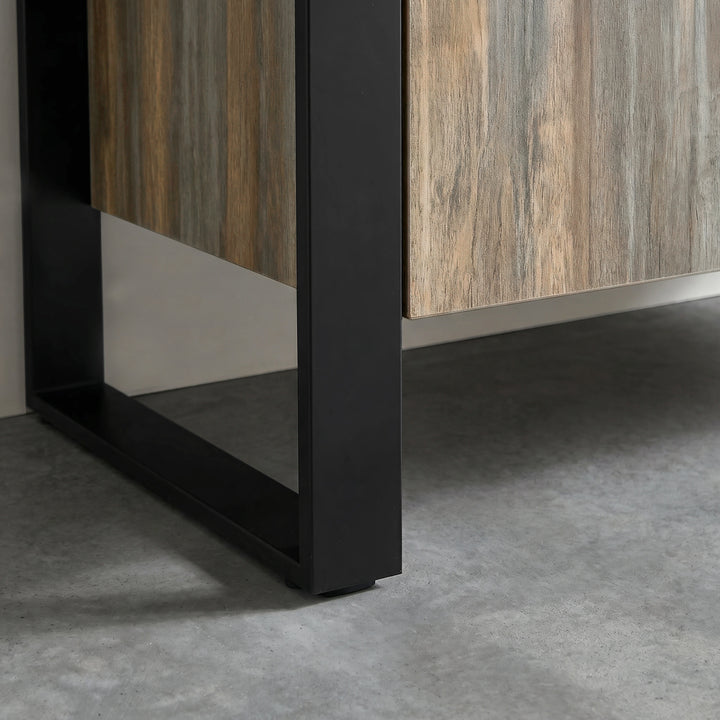 [Smokey Oak] Ironmere sideboard finish swatch close-up of thick iron leg and showing grain pattern across the surface
