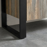 [Smokey Oak] Ironmere sideboard finish swatch close-up of thick iron leg and showing grain pattern across the surface