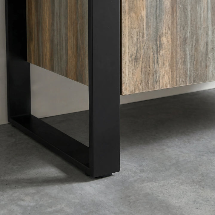 [Smokey Oak] Ironmere sideboard finish swatch close-up of thick iron leg and showing grain pattern across the surface