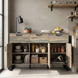 [Smokey Oak] Ironmere 3 door sideboard opened freestanding view in the kitchen corner with black handles and side frames