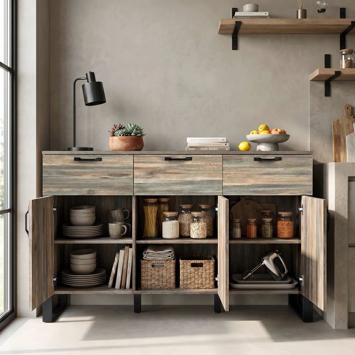 [Smokey Oak] Ironmere 3 door sideboard opened freestanding view in the kitchen corner with black handles and side frames