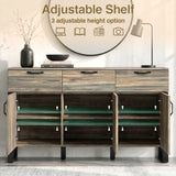 [Smokey Oak] Ironmere sideboard with three doors open showing adjustable shelf levels inside the cupboards