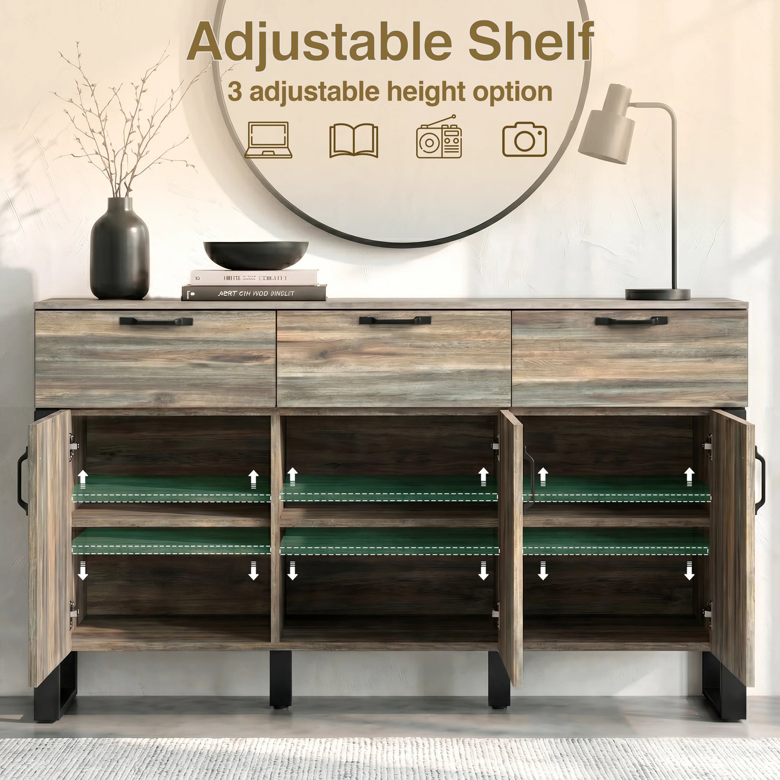 [Smokey Oak] Ironmere sideboard with three doors open showing adjustable shelf levels inside the cupboards