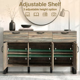 [Smokey Oak] Ironmere sideboard with three doors open showing adjustable shelf levels inside the cupboards