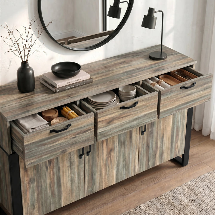 [Smokey Oak] Ironmere sideboard top surface angled view with bowls and tray above the three drawer fronts