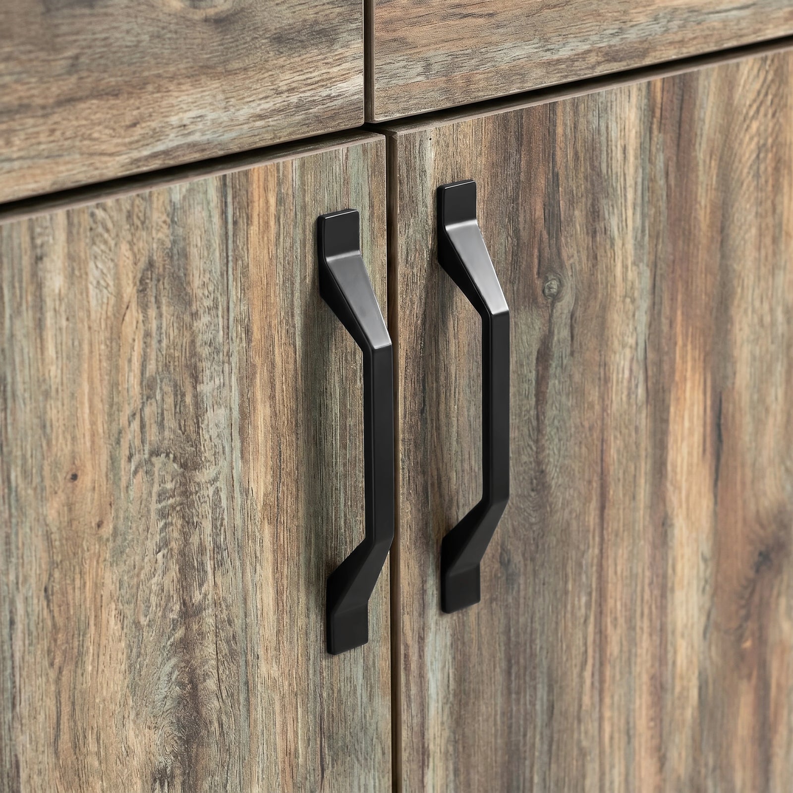 [Smokey Oak] Ironmere sideboard handle detail showing two black pulls on grain-patterned cupboard doors