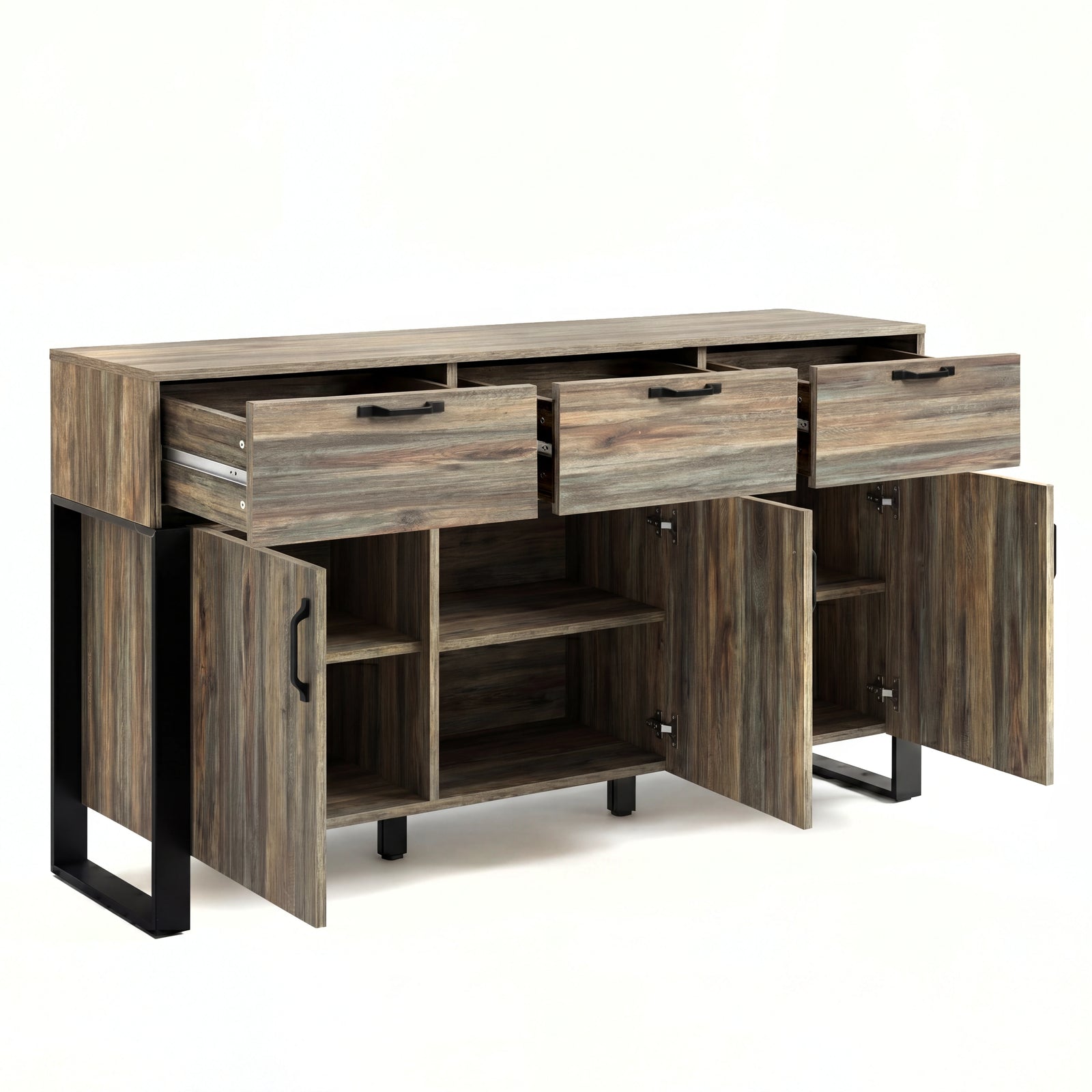 [Smokey Oak] Ironmere sideboard storage layout shown with drawers and lower doors open at the front