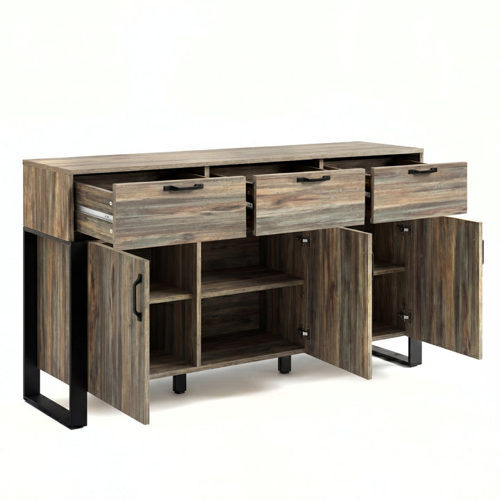 [Smokey Oak] Ironmere sideboard storage layout shown with drawers and lower doors open at the front