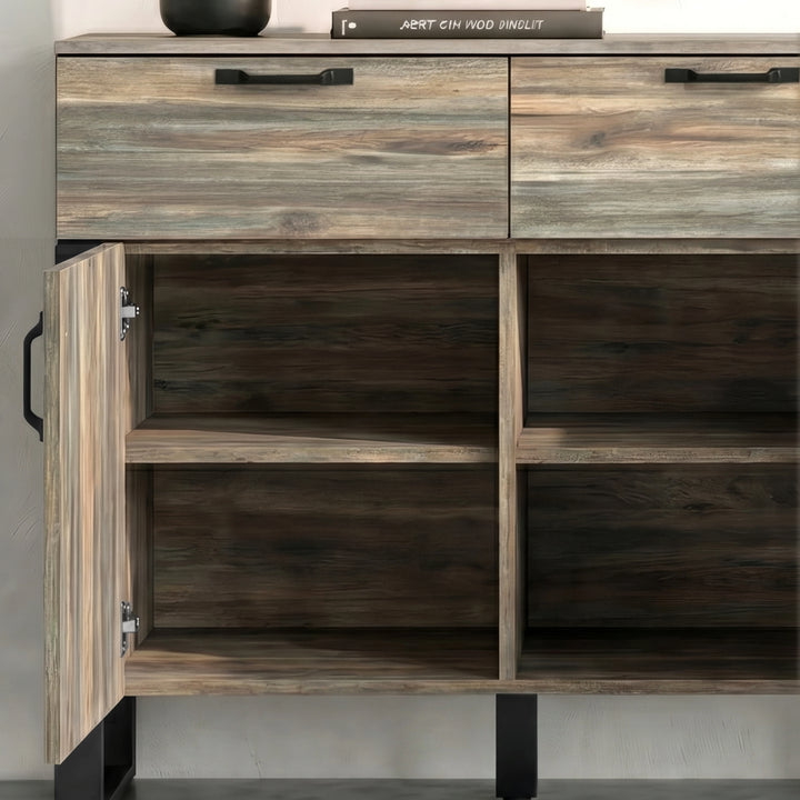 [Smokey Oak] Ironmere sideboard close view of one open door with two empty shelf levels inside