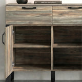 [Smokey Oak] Ironmere sideboard close view of one open door with two empty shelf levels inside