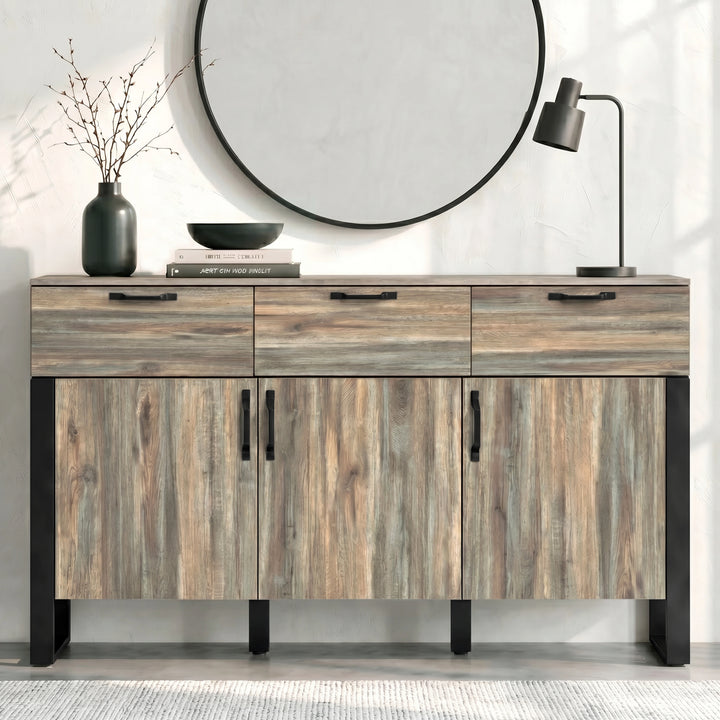 [Smokey Oak] Ironmere sideboard closed front view with black handles across drawers and lower cupboards