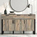 [Smokey Oak] Ironmere sideboard closed front view with black handles across drawers and lower cupboards