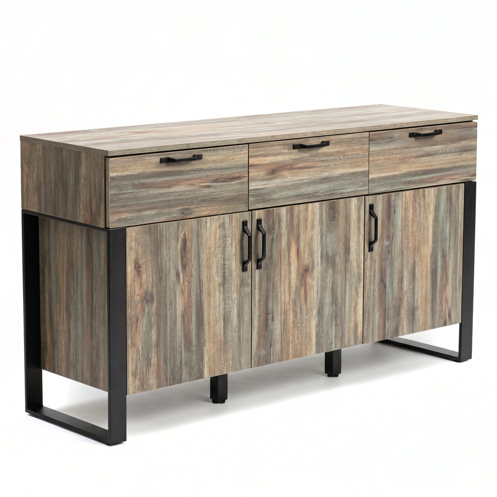 [Smokey Oak] Ironmere sideboard freestanding view on white background with black handles and side frames