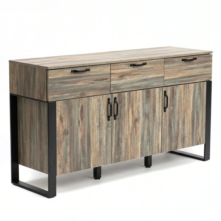 [Smokey Oak] Ironmere sideboard freestanding view on white background with black handles and side frames