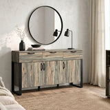 [Smokey Oak] Ironmere sideboard with black metal legs and handles, styled in a modern living room setting under a round black-framed mirror.
