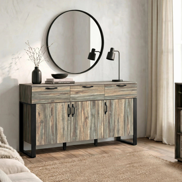 [Smokey Oak] Ironmere sideboard with black metal legs and handles, styled in a modern living room setting under a round black-framed mirror.