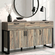 [Smokey Oak] Ironmere sideboard front view with three drawers, three lower doors, black handles, and mirror above