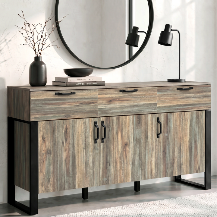 [Smokey Oak] Ironmere sideboard front view with three drawers, three lower doors, black handles, and mirror above