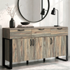 [Smokey Oak] Ironmere sideboard front view with three drawers, three lower doors, black handles, and mirror above
