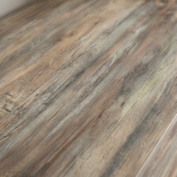 [Smokey Oak] Ironmere sideboard side frame close-up with black metal support beside the door panel
