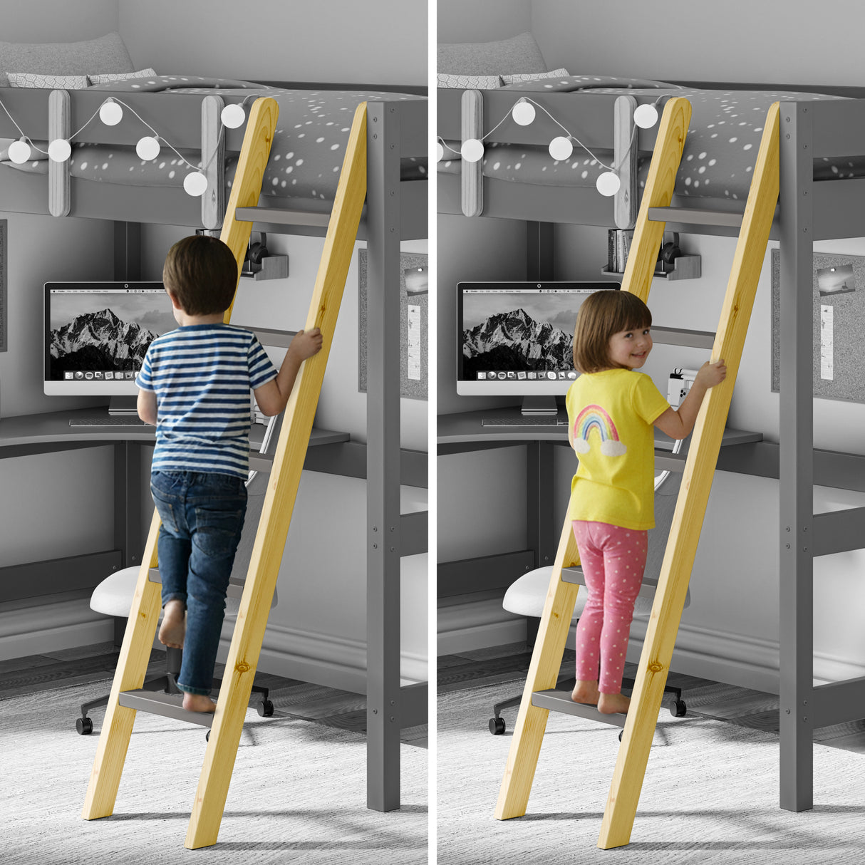 Split image showing a young boy and girl safely climbing the wooden ladder of a kids bunk bed with a desk underneath