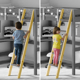 Split image showing a young boy and girl safely climbing the wooden ladder of a kids bunk bed with a desk underneath