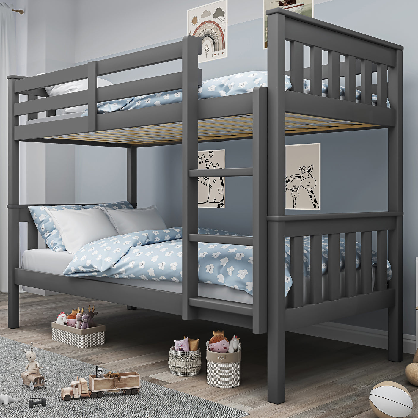 Dark grey detachable bunk bed for kids with blue bedding, ideal for shared bedrooms. Converts into two single beds.